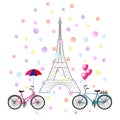 Vector illustration of two bikes, the Eiffel Tower, confetti.