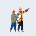 Vector illustration of two builders in helmet. Man and woman engeneer with plan talking about job on white background.