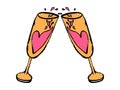 Vector illustration with two cartoon toasting champagne glass and ornate heart in them on white background. Grunge glasses and Royalty Free Stock Photo