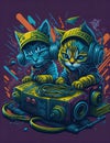 3d art of two cats in headphones listening to daf music on retro turntable