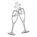 Vector illustration of two champagne glasses for valentine's day.Doodle sketch of clinking glasses. Colouring book Royalty Free Stock Photo