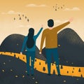 Vector illustration with two characters meeting autumn in high mountains. Royalty Free Stock Photo