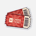 Vector illustration. Two cinema tickets with barcode. Pair paper retro coupons for movie entry. Symbol of the film industry.