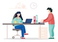 Vector illustration of two colleagues discussing a new project or startup in the office, teamwork Royalty Free Stock Photo