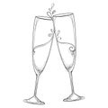 Vector illustration with two contour champagne glasses or flute in black isolated on white background. Royalty Free Stock Photo