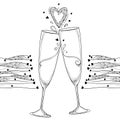 Vector illustration with two contour toasting champagne glass and ornate heart in black isolated on white background.