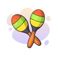 Vector illustration. Two crossed maracas in stripes. Impact and noise instrument. Equipment for Latin, rumba, folk, blues music.