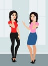 Vector illustration of two cute cartoon girls using a cell phone. Women are talking by mobile phone in flat style. Royalty Free Stock Photo