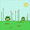 Vector illustration with two cute funny frogs sitting on tussocks in a pond, among reeds against the background of the sky and the