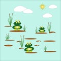 Vector illustration with two cute funny frogs sitting on tussocks in a pond, among reeds against the background of the sky and the