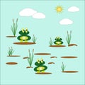 Vector illustration with two cute funny frogs sitting on tussocks in a pond, among reeds against the background of the sky and the Royalty Free Stock Photo