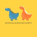 Vector illustration. Two dinosaur friends go on adventures. Printing of children`s cards, Souvenirs, children`s fashion.