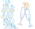 Vector illustration with two dotted champagne glass or flute isolated on white background with abstract blue swirls and snowflakes
