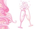 Vector illustration with two dotted toasting champagne glass, heart and swirls in pink isolated on white background.