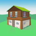 Vector illustration of a two-floor house with a greened roof. Isolated illustration.