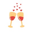 Two glasses. Red wine poured into glasses. Little hearts go up. It is isolated on white background in