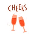 Illustration with two glasses of wine and text lettering `Cheers` Royalty Free Stock Photo