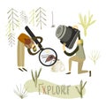 Two guys explore the nature. Hand drawn stylized people