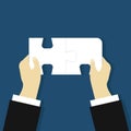 Vector illustration two hands holdind peaces of puzzle. Success solution. Teamwork done. Solved. Flat design. EPS 10 Royalty Free Stock Photo