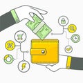 Vector illustration of two hands with money and wallet on light