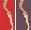 Vector illustration. two hands reaching each other on red and violet background Royalty Free Stock Photo