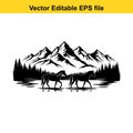 vector illustration of two horses in front of mountains and trees Royalty Free Stock Photo