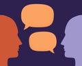 Vector illustration of two human heads silhouette talking through speech bubbles. Concept of communication, dialogue, chat,