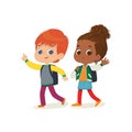 Vector illustration of two kids with the backpacks are going to school. Preschool friends Redhair boy and African