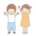 Vector illustration of two kids, boy with thumbs up and girl with raised arms & fits celebrating success. Sign and gesturing Royalty Free Stock Photo