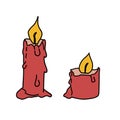 Vector illustration of two lit candles with fire and wax running down. Burning holiday decorations in various dimensions Royalty Free Stock Photo