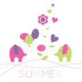 Vector illustration with two little elephants, baloons and flowe