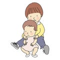 Vector illustration of two little innocent brother and sister sitting together on floor. Family, siblings, brotherhood, friendship