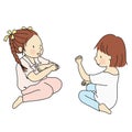 Vector illustration of two little kids playing Rock, Paper, Scissors game. Early childhood development activity, friend