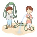 Vector illustration of two little kids playing with water hose in yard