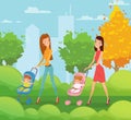 Vector illustration of two mothers with kids walking and talking in the park. Happy friends young women walks around the Royalty Free Stock Photo