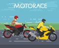 Vector illustration of two motorcyclists racing on motorace, competition, flat style Royalty Free Stock Photo