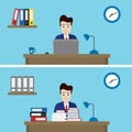 Vector illustration of two office workers in one office with different work - flat