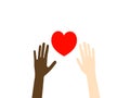 Vector illustration of two raised hands of African black and Caucasian white skin color united by heart. Symbol of equality unity