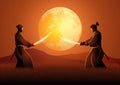 Two Samurai in duel stance facing each other on grass field Royalty Free Stock Photo