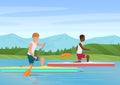 Vector illustration of two sportsmen rowing and competiting on river.