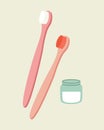 Vector illustration of two toothbrushes and hand made tooth powder in a glass jar.