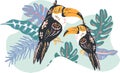 Vector illustration with two toucans surrounded by leavs and tropical plants