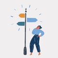 Vector illustration of Two way sign and woman thinking which way to go.