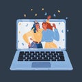 Vector illustration of two woman celebrate online. Two happy girl have party at laptop screen on dark backround.