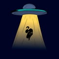 Vector illustration of a UFO in the dark night sky kidnaps a person