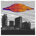 Vector illustration UFO with Light Flying Over City at Night