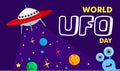 Vector illustration of a ufo plane, a flying saucer, with stars and humanoids. You can apply it to a poster template or banner. Royalty Free Stock Photo