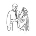Vector illustration of Ukrainian couple in love wearing traditional costumes. Line art drawings of cossack family