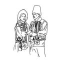 Vector illustration of Ukrainian couple in love wearing traditional costumes. Line art drawings of cossack family