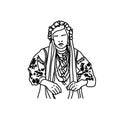 Vector illustration of Ukrainian hutsul woman wearing traditional folk costume. Line art Slavic woman drawing